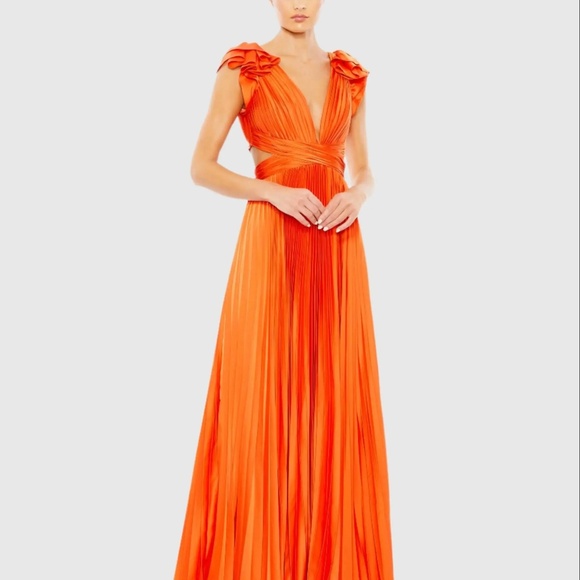 NWT Mac Duggal 26729 [12] Pleated Ruffled Cap Sleeve Cut Out Lace Up Gown Orange - Picture 2 of 12